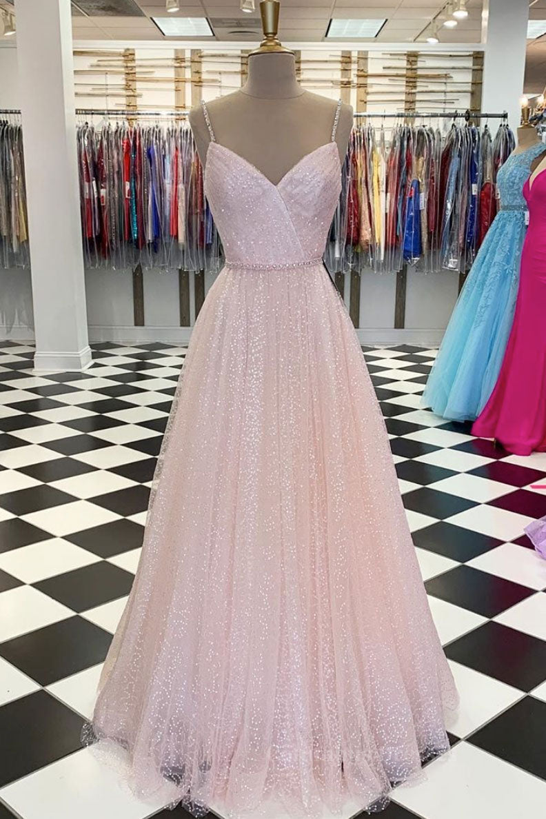 Bridesmaids Dressing Gowns, Pink v neck tulle sequin long prom dress pink tulle formal dress