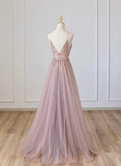 Prom Dress Two Pieces, Pink V-neckline Beaded Straps Floor Length Party Dress, Pink Long Formal Dress