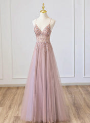 Prom Dresses Two Pieces, Pink V-neckline Beaded Straps Floor Length Party Dress, Pink Long Formal Dress
