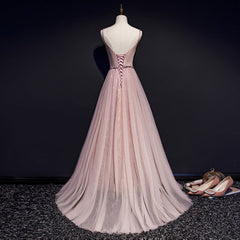 Party Dress Sleeve, Pink V-neckline Beaded Tulle Prom Dress , Party Gown