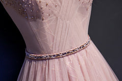 Party Dress Mid Length, Pink V-neckline Beaded Tulle Prom Dress , Party Gown