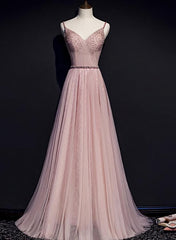 Party Dresses Sleeves, Pink V-neckline Beaded Tulle Prom Dress , Party Gown