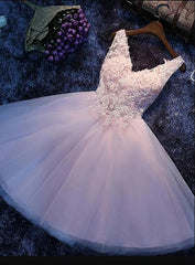 Long Dress Formal, Pink V-neckline Flowers and Lace Applique Party Dress, Short Prom Dress