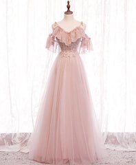 Bridesmaid Dresses Green, Pink V-neckline Lace Off Shoulder Long Party Dress, Pink Floor Length Formal Dress