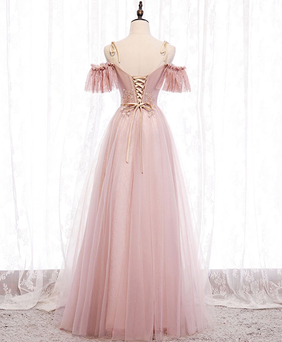 Bridesmaid Dresses 2024, Pink V-neckline Lace Off Shoulder Long Party Dress, Pink Floor Length Formal Dress