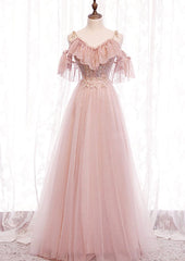 Bridesmaid Dresses With Sleeves, Pink V-neckline Lace Off Shoulder Long Party Dress, Pink Floor Length Formal Dress