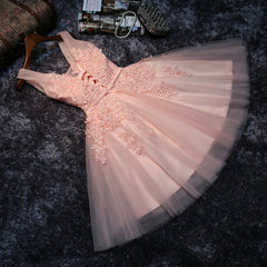 Homecoming Dress Style, Pink V-neckline Tulle Knee Length Party Dress, Lovely Tulle Formal Dress