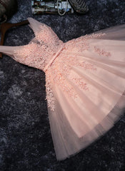 Homecoming Dresses Formal, Pink V-neckline Tulle Knee Length Party Dress, Lovely Tulle Formal Dress
