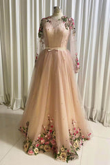 Formal Dresses Long Sleeves, A Line Tulle Long Prom Dress with Flowers, Pink Long Sleeves Party Dress with Beading