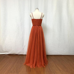 Party Dress Sparkle, Burnt Orange Tulle Bridesmaid Dress, 2024 Spaghetti Straps Boho
