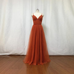 Party Dress For Girls, Burnt Orange Tulle Bridesmaid Dress, 2024 Spaghetti Straps Boho