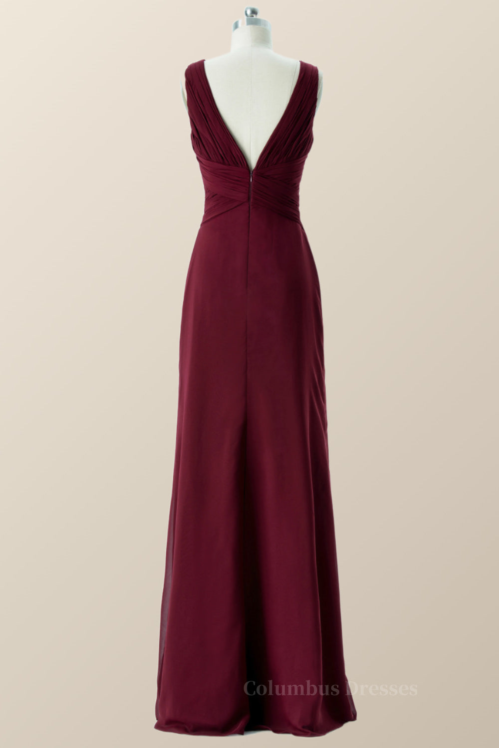 Modest Dress, Pleated Burgundy Chiffon Long Bridesmaid Dress