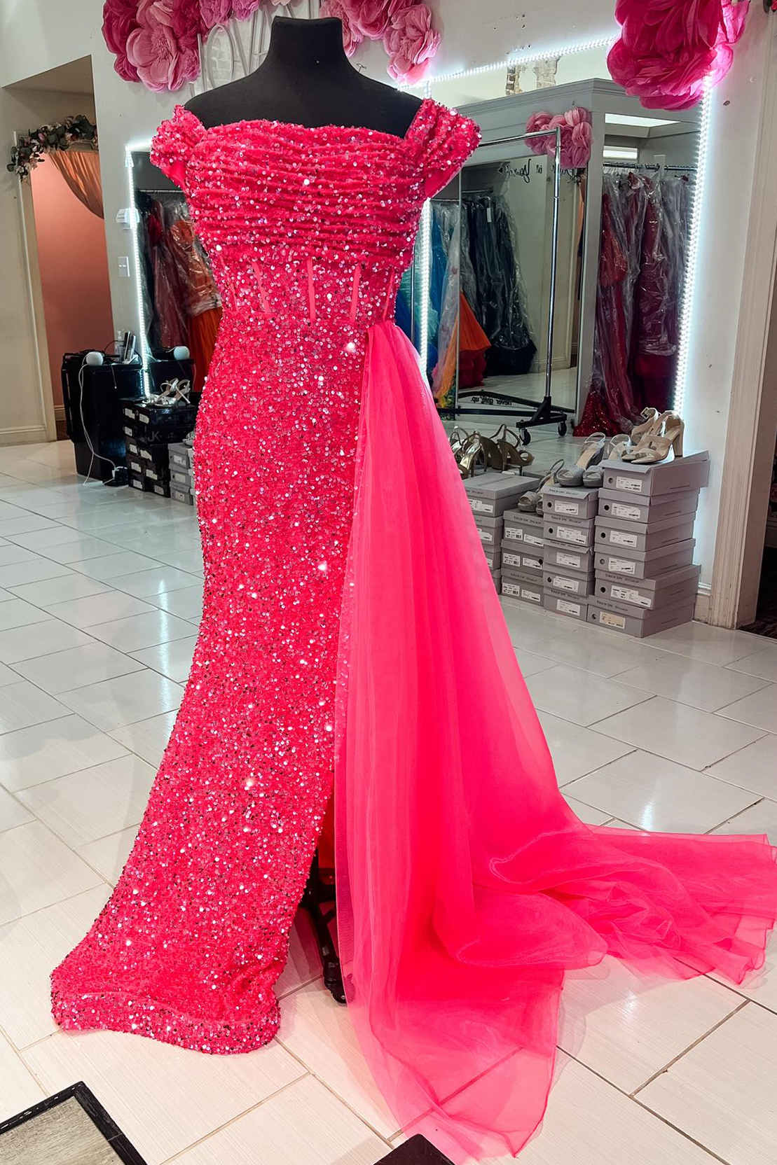 Dress Short, Pleated Hot Pink Off the Shoulder Sequin Prom Dress with Cape