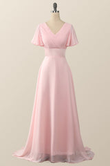 Evening Dress Simple, Pleated Pink Flare Sleeves Chiffon Long Bridesmaid Dress