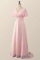 Evening Dresses Princess, Pleated Pink Flare Sleeves Chiffon Long Bridesmaid Dress