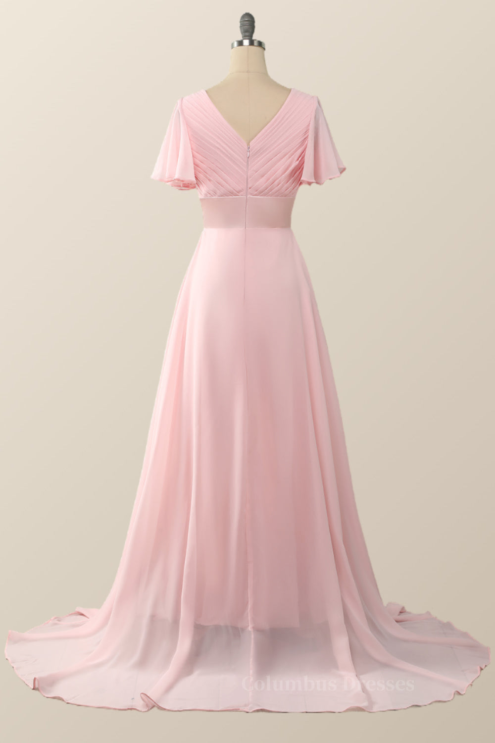 Evening Dresses Classy, Pleated Pink Flare Sleeves Chiffon Long Bridesmaid Dress