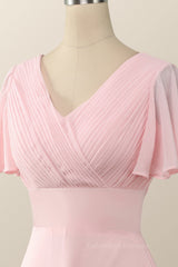 Evening Dresses 2060, Pleated Pink Flare Sleeves Chiffon Long Bridesmaid Dress