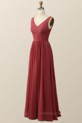 Formal Dresses With Sleeves For Weddings, Pleated Terracotta Empire Chiffon Long Bridesmaid Dress