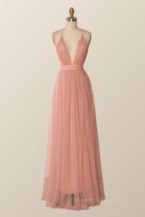 Formal Dresses Nearby, Plunge Pink Tulle A-line Long Formal Dresss