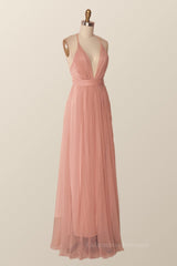 Formal Dress Prom, Plunge Pink Tulle A-line Long Formal Dresss
