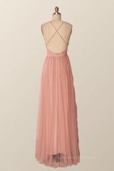 Formal Dresses Long Elegant, Plunge Pink Tulle A-line Long Formal Dresss