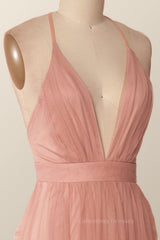 Formal Dress Long Elegant, Plunge Pink Tulle A-line Long Formal Dresss