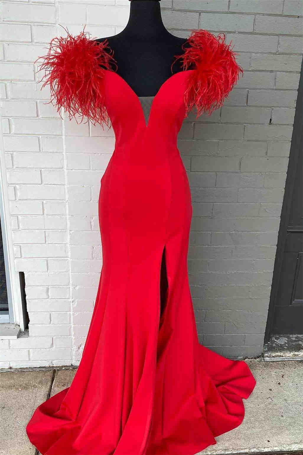 Couture Gown, Plunging V-Neck Off the Shoulder Feathered Red Long Party Dress