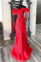 Bridesmaid Dresses Different Style, Plunging V-Neck Red Feather Shoulder Long Prom Dress Gala Evening Gown