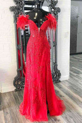Bridesmaid Dress Inspo, Plunging V-Neck Red Feather Shoulder Long Prom Dress Gala Evening Gown