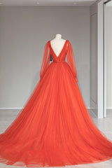 Party Dresses Night Out, Plunging V-Neck Tulle Floor Length Formal Dress, Orange Long Sleeve Prom Dress