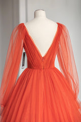 Party Dresses For 16 Year Olds, Plunging V-Neck Tulle Floor Length Formal Dress, Orange Long Sleeve Prom Dress