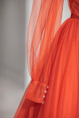 Party Dress Ideas For Winter, Plunging V-Neck Tulle Floor Length Formal Dress, Orange Long Sleeve Prom Dress