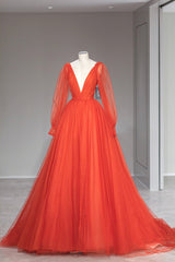 Party Dress Night Out, Plunging V-Neck Tulle Floor Length Formal Dress, Orange Long Sleeve Prom Dress