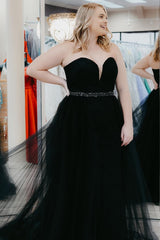 Plus Size Black Tulle Long Prom Dress with Beading