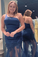 Plus Size Dark Blue One Shoulder Long Prom Dress