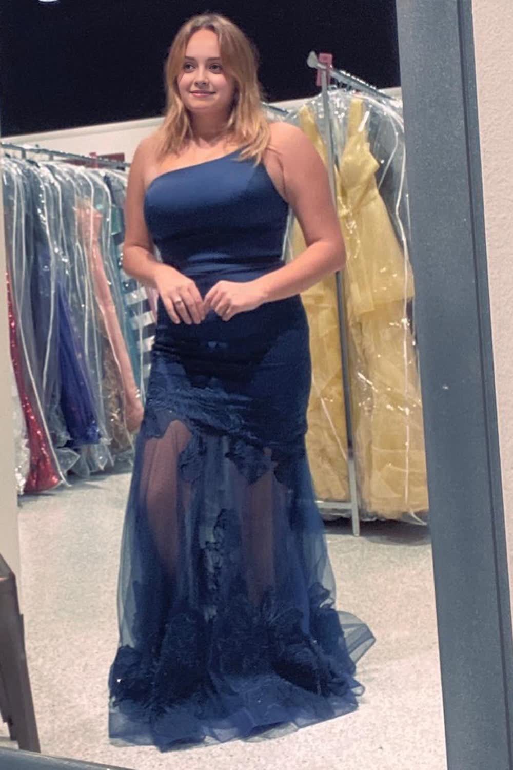 Plus Size Dark Blue One Shoulder Long Prom Dress