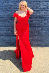 Plus Size Red Off The Shoulder Long Prom Dress with Slit
