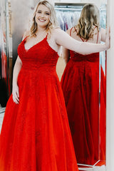 Plus Size Red Tulle Long Prom Dress with Appliques