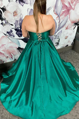 Plus Size Satin Green Long Prom Dress with Pockets