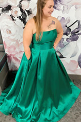 Plus Size Satin Green Long Prom Dress with Pockets