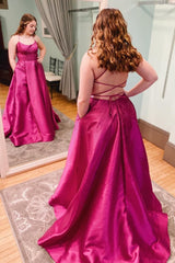 Plus Size Satin Halter Hot Pink Long Prom Dress with Beading