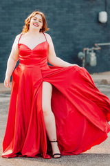 Plus Size Satin Spaghetti Straps Red Long Prom Dress with Pockets