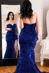 Plus Size Sparkly Mermaid Royal Blue Sequins Long Prom Dress with Slit