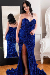 Plus Size Sparkly Mermaid Royal Blue Sequins Long Prom Dress with Slit