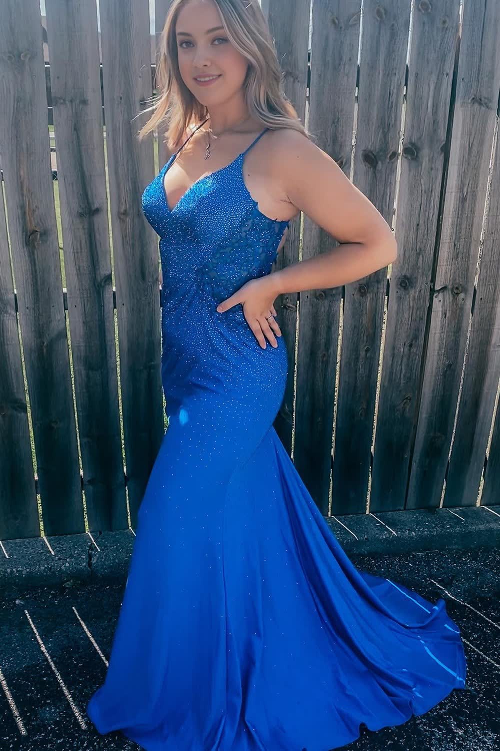Plus Size Sparkly Spaghetti Straps Royal Blue Sequins Long Prom Dress