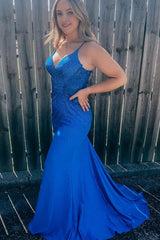 Plus Size Sparkly Spaghetti Straps Royal Blue Sequins Long Prom Dress