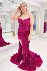 Plus Size Sweetheart Neck Fuchsia Sequined Mermaid Prom Dress With Sweep Train