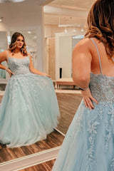 Plus Size Tulle Light Blue Spaghetti Straps Long Prom Dress with Appliques