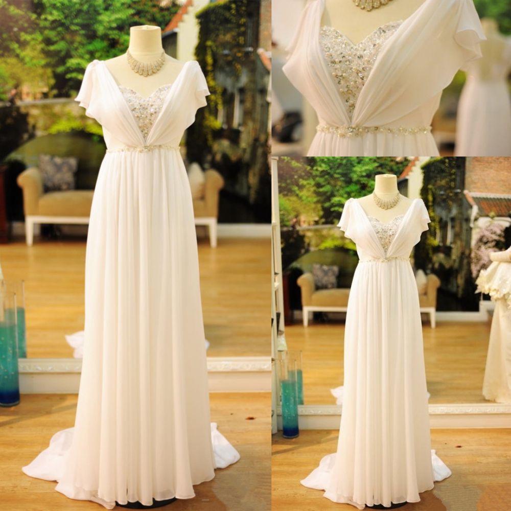 Wedding Dresses A Line, Popular Vintage Wedding Dresses Bohemia Short Sleeves Beads Peals Chiffon Bridal Dress