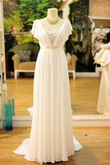 Wedding Dress Aesthetic, Popular Vintage Wedding Dresses Bohemia Short Sleeves Beads Peals Chiffon Bridal Dress
